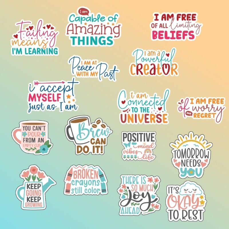 Self care journaling stickers with uplifting affirmations for stress relief (1)