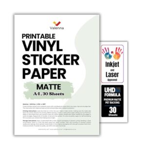 Printable Vinyl Sticker Paper A4 Matte Inkjet Sticker Sheets 30 Pack Waterproof Adhesive Paper for Custom St B0GPZ8VHYX